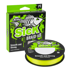 Berkley Sick Braid – 8-fach geflochtene Angelschnur, super glattes 8-fach Multifaden PE Raubfischgeflecht, Angelschnüre 150-300 m zum Süßwasser- oder Salzwasser-Meeresangeln 0.12mm | 11.2kg | 24lb | 300m Hi-Viz Yellow