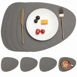Myir JUN Tischsets Leder und Untersetzer, Tischsets Abwaschbar Rund Doppelseitigen rutschfest Platzdeckchen Leder Kunstleder Tischset Lederoptik Platzset (Grau, Satz von 4) Satz von 4 Grau