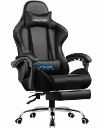 GTPLAYER Bürostuhl Gaming Stuhl Massage Gaming Sessel Ergonomischer Gamer Stuhl mit Fußstütze, Kopfstütze Massage-Lendenkissen, Gepolstert Gaming Chair, Drehsessel schwarz Schwarz Leder