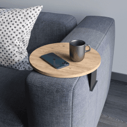 sugodesign Couch-Tablett Armlehne, Einstellbarer Sofa-Tablett, Getränkehalter, spezielles Design praktischer Metallhalterung, Sitzgarnitur Ablage, Durchmesser ⌀ 35 cm (Holz-Optik)