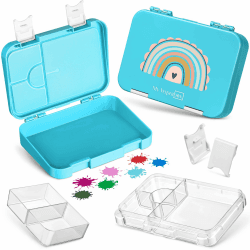My Vesperbox – Len - Bento Box Kinder - Lunchbox mit 4+2 Fächern - extrem robust – Brotdose – Brotbox ideal für Kindergarten und Schule… (Hellblau- Regenbogen) Hellblau- Regenbogen Len 21x15x4,5cm