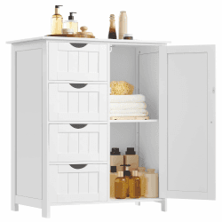 VASAGLE Badezimmerschrank, schmaler Badschrank, Beistellschrank, Kommode, mit 4 Schubladen, Schranktür, verstellbare Ablage, 35 x 65 x 90 cm, wolkenweiß LHC042W01 Wolkenweiß 4 Schubladen (35T x 65B x 90H cm)