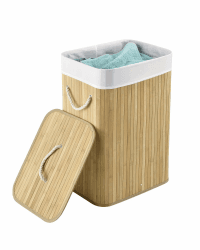 Juskys Bambus Wäschekorb Curly Natur 72L - Hygienischer & Faltbarer Wäschekorb mit Deckel, Tragegriff & Wäschesack - Natürliche Bambus Optik