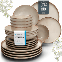 Steingut Geschirrset 6 Pers. Rustic 24-tlg Hochwertiges Landhausstil TEST SEHR GUT Steingut Geschirr Set - Schüssel- und Teller Set - Tafelservice 6 Personen Geschirrsets Pure Living in beige 24 Teile Set Beige