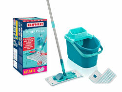 Leifheit Set POWER CLEAN M, rückenschonender Bodenwischer mit Reinigungsklingen und Wischtuchpresse, Wischmopp Set mit Eimer und 2x Mikrofaser Wischbezüge für alle Hartböden, Click-System PowerClean Set + Ersatzbezug