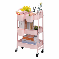 DOEWORKS Aufbewahrungswagen Küchenwagen 3-Etagen Rollwagen Metall, Servierwagen mit Rädern für Wohnzimmer Schlafzimmer Make-up Badezimmer Büro, Rose mit 3 Tassen Rose mit Tassen