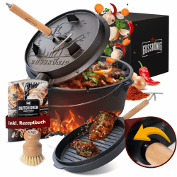GUSSKÖNIG Dutch Oven Set - Eingebrannter Dutch Oven 12 Liter - Feuertopf Gusseisen mit Füßen - Schmortopf Doppelfunktion - inkl. 2in1 Deckelheber, Bürste & Dutch Oven Rezeptbuch [für 8-10 Personen] Topf mit Fuß 12 Liter