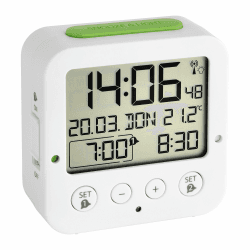 TFA Dostmann 60.2528.02 Bingo Funk-Wecker, mit autom. Hintergrundbeleuchtung, Datum, Temperaturanzeige und Zwei Weckzeiten, Weiß-grün,L 81 x B 33 x H 81 mm Weiss/Gruen