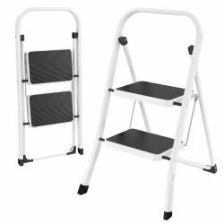 HBTower 2-Stufen-Leiter, Trittleiter mit Anti-Rutsch-Pedal, Tragbare Robuste Leiter mit Handläufen, Perfekt für Küche & Haushalt, 150KGS Kapazität, Weiß 2 stufen Weiß