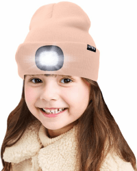 ATNKE Kids LED beleuchtete Mütze mit Licht, USB Wiederaufladbare 4 LED Scheinwerfer wasserdichte Winterwärmer Strick Nachthüte mit leichten Jungen Mädchen Einheitsgröße Haut Rosa