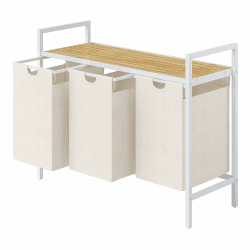 STEELSØN Rigil Wäschekorb 3 Fächer, Wäschesammler mit Bambus-Ablage, Wäschebox, Laundry Baskets, Wäschesäcke ausziehbar und abnehmbar für Schlafzimmer oder Badezimmer, 3x 40 l weiß 3 Fächer Weiß/Bambus