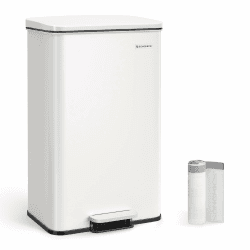 SONGMICS Mülleimer Küche, 40 Liter Abfalleimer, großer Tretmülleimer, mit Deckel, aus Stahl, Softclose, inklusive 15 Müllbeutel, weiß LTB540W4002