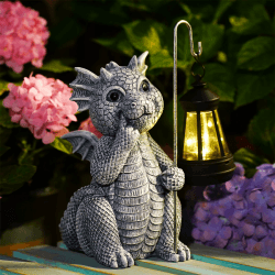 Yeomoo Drachen Gartenfiguren mit Solarlampen Gartendeko für Draußen: Drachen Figuren Deko mit LED Solar Lichterkette Aussen Lustige Geschenke für Männer/Frauen/Mama Geburtstag für Garten Deko Zimmer 4-drachen Figur Grau Deko