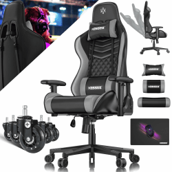 KESSER® Gamingstuhl mit Kopfstütze & Lendenkissen | Ergonomischer Gaming Sessel 150kg belastbar | Gamer Stuhl Armlehne 360° | Drehbarer Schreibtischstuhl Gaming Chair mit Gummi-Rollen Schwarz / Grau