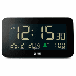 Braun Digitaler Wecker mit Datums-, Monats- und Temperaturanzeige, negativem LCD-Display, Schnelleinstellung und anschwellendem Alarm-Piepton in Schwarz, Modell BC10B. 1 Pack