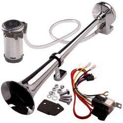 FARBIN 24V 150db Zug Luft Horn Super Loud 18 Zoll Chrom Zink Einzelne Trompete LKW Luft Horn Kit mit Kompressor und Kabelbaum für Alle 24V Fahrzeuge (24V, Einzelrohr Luft horn) Einzelrohr Luft horn 24V