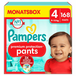 Pampers Baby Windeln Pants Größe 4 (9-15kg) Premium Protection, Maxi mit Stop- und Schutz Täschchen, MONATSBOX, 168 Höschenwindeln Größe 4 (168 Stück) Premium Protection Pants