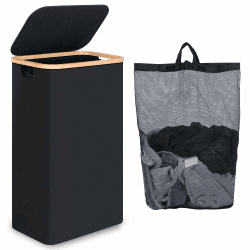 iEGrow Wäschekorb mit Deckel 75L, Wäschekorb Schmal mit herausnehmbarer und waschbarer Innentasche, Wäschesammler Bambus, faltbare Wäschekörbe für Waschküche, Schlafzimmer, Badezimmer (Schwarz) 75L mit Deckel Schwarz