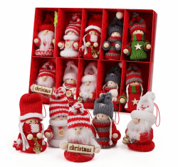 Adorfine 10-teiliges Weihnachtswichtel Set Bunt Weihnachtsmann aus Holz und Strick Baumanhänger Weihnachtsanhänger mit Geschenkbox für den Weihnachtsbaum, Weihnachtsschmuck oder Geschenk Anhänger