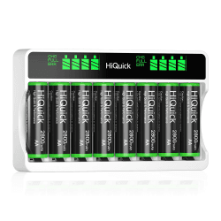 HiQuick Akku Ladegerät mit AA Akku 8 Stück, für Mignon AA, Micro AAA NI-MH/NI-CD wiederaufladbar Batterien, 8-Ladeplatz mit LCD Anzeige