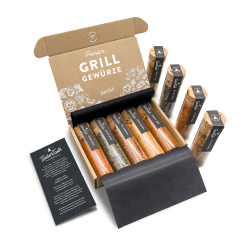 TIMBER TASTE® Grill Gewürze Geschenkset Frauen & Männer | 5 erlesene BBQ Grillgewürze inkl. Rezepte | Grill Zubehör Geschenke für Frauen | Gewürze Set Geburtstagsgeschenk für Erwachsene | Gewürzset Grill & BBQ - Geschenkset