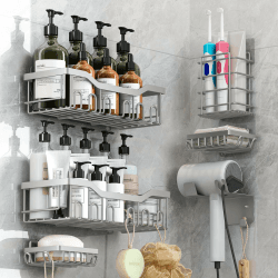 rigors Duschablage ohne Bohren, 6 Stück Badezimmer Regal mit Haartrocknerhalter und Haken, Duschregal Edelstahl Duschkorb Wandhängend, Selbstklebend Badezimmer Organizer für Bad und Küche Silber 6-silber