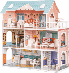 ROBUD Puppenhaus aus Holz mit Möbeln und Zubehör Mädchen Häuser Spielhaus Spielraum Spielzeug für Kinder