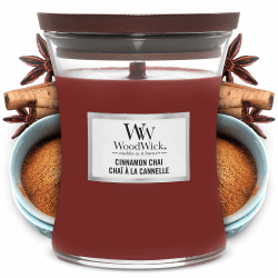 Mittelgroße WoodWick Duftkerze im Sanduhrglas mit knisterndem Docht, Cinnamon Chai, bis zu 60 Stunden Brenndauer Mittelgroße Cinnamon Chai