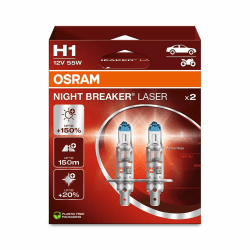 Osram NIGHT BREAKER LASER H1, +150% mehr Helligkeit, Halogen-Scheinwerferlampe, 64150NL-2HB, 12V PKW, Hängebox (2 Lampen), white 2 Lamps H1