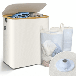 VOUNOT Wäschekorb mit Deckel 145L, Faltbarer Wäschesammler 2 Fächer & Herausnehmbar Wäschesäcke, Laundry Baskets Wäschebox Schmal, Beige 145l Beige