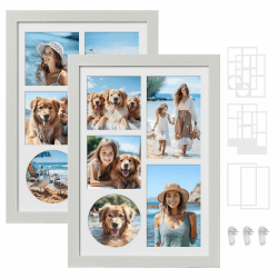 SONGMICS Bilderrahmen, 6 Passepartouts, 2er Set Fotorahmen für mehere Bilder, Collage für Fotos in 10,2 x 15,2 cm oder 10,2 x 10,2 cm, spurenlose Wandhaken, 36,5 x 26 cm, vintageweiß RPF024W02 Vintageweiß 2