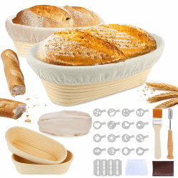 Gärkörbchen für Brot, 2 Stück, 24 cm Oval Gärkorb zum Brotbacken, Backen Zubehör Brotkörbchen 100% Natürliches Rattan, Inklusive Bäckermesser, Bürste, Teigschaber und Bäckerleinen für Zuhause Backen