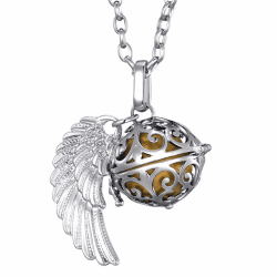 Morella Damen Schutzengel Halskette Edelstahl 70 cm mit Anhänger Engelsflügel und Klangkugel Zirkonia in Schmuckbeutel Gold