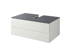 byLIVING Waschtisch Shape/Bad Waschunterschrank für Aufsatzwaschbecken/mit Glasplatte grau/Front Hochglanz Weiß / 2 Schubladen mit Griffleiste/Korpus Melamin weiß / 80 x 33 x 46 cm (BxHxT)