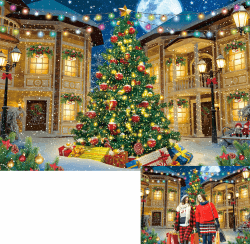 Hintergrund für Weihnachten, Stadt, Straßenszene, Outdoor, Weihnachtsbaum, Geschenkboxen, Geschäft, Landschaft, Fotografie, Hintergrund, Winterhäuser, Nacht, Schneeflocken, Häuser, Fotoautomaten, 8x6FT gelb