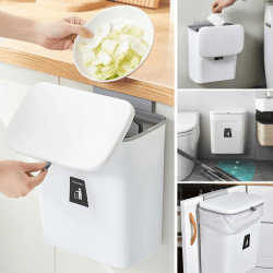Lenfuos Mülleimer mit Deckel 9L Küche Abfalleimer Klein Hängend Abfallsammler Wandmontage Plastik Komposteimer Geruchsdicht Abfallbehälter Tür zum Aufhängen für Wohnmobil Küchenschrank (Weiß) Weiß mit Deckel