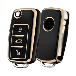 OATSBASF Autoschlüssel Hülle VW, VW Golf Schlüsselbox,Schlüsselhülle Cover für vw Polo Passat Skoda Seat 3-Tasten (Goldener Rand-Schwarz)