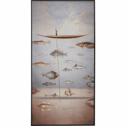 Kare Design Bild mit Rahmen Cloud Fisherman Boat Blau/Rosa, Massivholz Rahmen, handgemalte Details mit Acrylfarbe, Leinwand, Wanddekoration, Kunstwerk, Baumwoll Canva, Modern, Wohnzimmer, 120x60x3,5cm