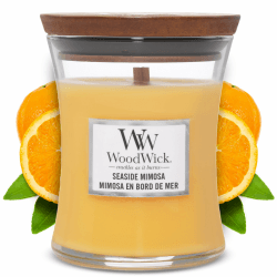WoodWick Hourglass mittelgroße Duftkerze mit PlusWick Innovation, Seaside Mimosa mittelgröße Kerze im Sanduhrglas Seaside Mimosa