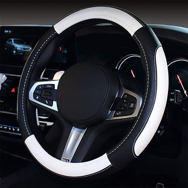 Coofig Auto Lenkradbezug mit Strapazierfähigem PU-Leder, Lenkradabdeckung Universell, 38cm (15 Zoll), Passend für Auto, LKW, SUV, Atmungsaktiv, rutschfest, für Damen und Herren 3 Schwarz Weiß