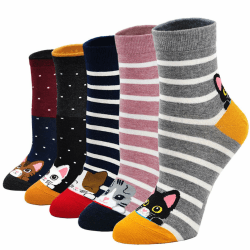 Lustige Socken Damen Bunte Socken aus Baumwolle, Karikatur Tier Socken Damen Witzige Socken Frauen Weihnachtssocken Sneakersocken, 5 Paare 37-43 Katzenmuster