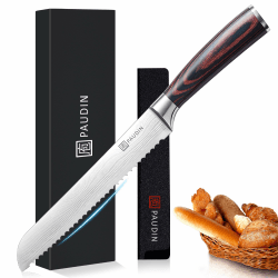 PAUDIN Brotmesser mit Wellenschliff Profi 20 cm aus hochwertigem rostfreiem Edelstahl, extra scharfe Messerklinge mit ergonomischem Griff 20 Cm Brotmesser mit Holzgriff