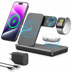 Induktive Ladestation für Apple Watch und iPhone, Kabelloses Ladegerät 3 in 1 Wireless Charger Kompatibel mit iPhone 16 15 14 13 12 MagSafe Gerät, Apple Watch Serie, AirP0ds Pro 3 2 (Schwarz)
