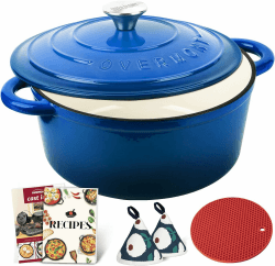Overmont Schmortopf Gusseisen Topf 26cm - Emaille Bräter mit Deckel backofengeeignet - mit Kochbuch - für Küche Backen Schmoren Braten Blau 26CM Blau