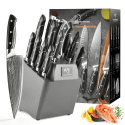 Damast-Küchenmesser-Set mit gehämmerten Griffen und Holzblock, 18-teiliges überlegenes Damast-Stahl-Messer-Klingen scharfes Damast-Kochmesser 18 teiliges