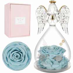 Ewige Rose Engel Figur Geschenke für für Frauen, Geburtstagsgeschenk für Mama, Ewige blume Engel Glaskuppel, Echte Rose Geschenke für Mutter Oma Freundin zum Weihnachten Valentinstag Muttertag Blassblau
