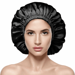 Seidenhaube zum Schlafen 100% Maulbeerseide Eine Doppelte Mütze Satin Bonnet Schlafhaube Seide Verstellbare Kappe Kopfbedeckung Haarhaube mit Elastikband Schlafmütze Nachtmütze für Damen und Mädchen Schwarz