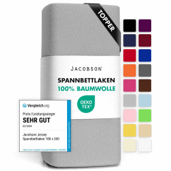 Jacobson Jersey Spannbettlaken Spannbetttuch Baumwolle Bettlaken (Topper 180-200x200 cm, Grau) TOPPER 180-200x200 cm Grau