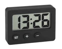 TFA Dostmann Mini Digitaluhr, 60.2013.01, Tischuhr, Quarzuhr, perfekt für KFZ (Wohnmobil oder Auto), für Klausuren/Abschlussprüfungen, handlich, mit Magnet, selbstklebender Halter, Ständer, schwarz