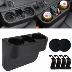 Ruucy Auto Getränkehalter Becherhalter PU Leder Getränkehalterung Auto Organizer Aufbewahrungsbox Getrankehalt für Kaffee, Getränk, Flasche, Milch(Mit 4 Auto Haken + 2 Auto Untersetzer-Schwarz) Upgrade Schwarz